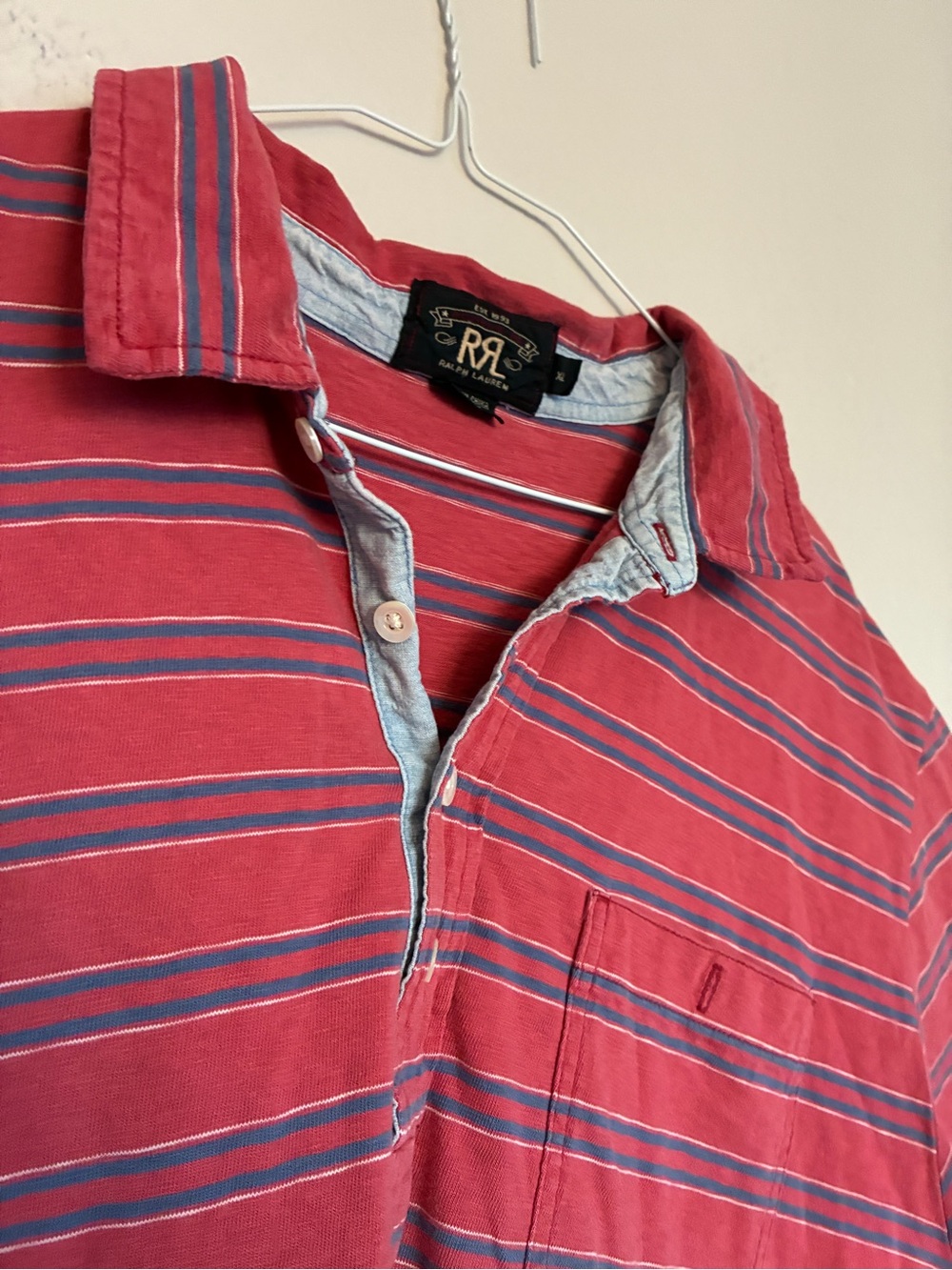 RARE VTG RRL Ralph Lauren Men’s XL Red/Blue Striped Polo Shirt w/ Pocket Preppy - Picture 4 of 9
